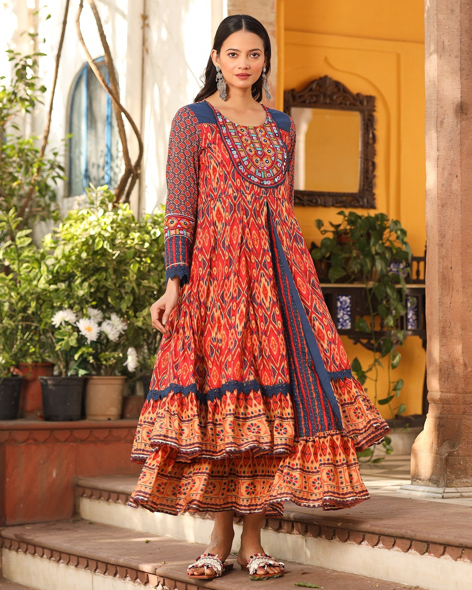 Juniper Rust Cotton Ikat Printed Layered Maxi Dress With Thread Embroidery & Dori Tassel Tie-Up At Waist | Grocsy