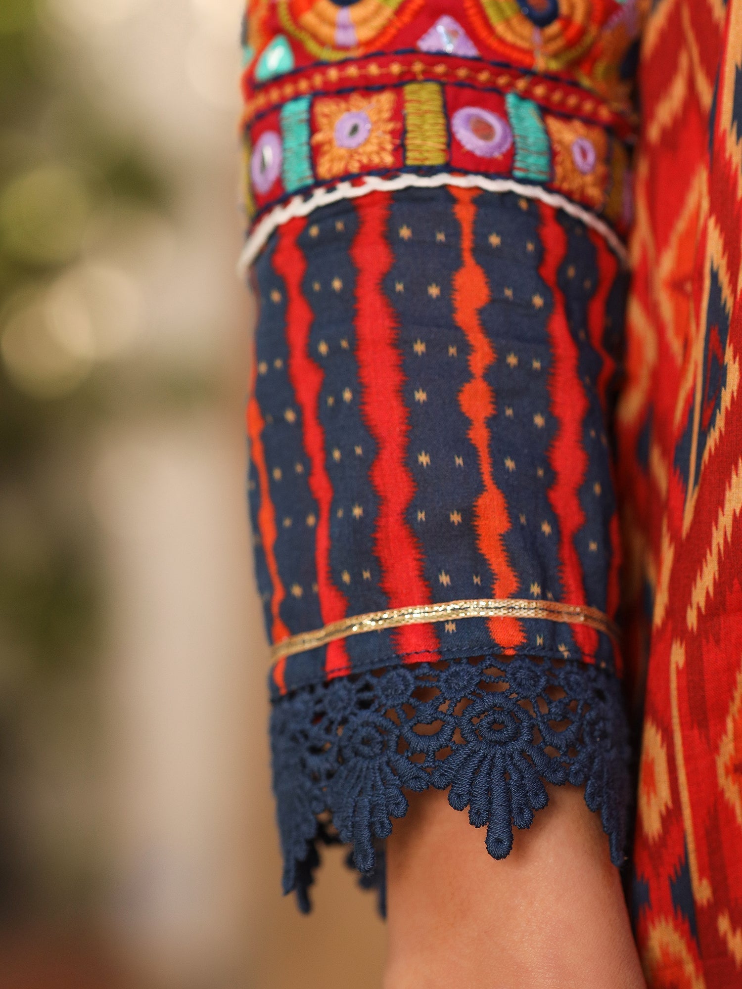 Juniper Rust Cotton Ikat Printed Layered Maxi Dress With Thread Embroidery & Dori Tassel Tie-Up At Waist | Grocsy