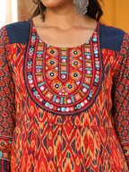 Juniper Rust Cotton Ikat Printed Layered Maxi Dress With Thread Embroidery & Dori Tassel Tie-Up At Waist | Grocsy