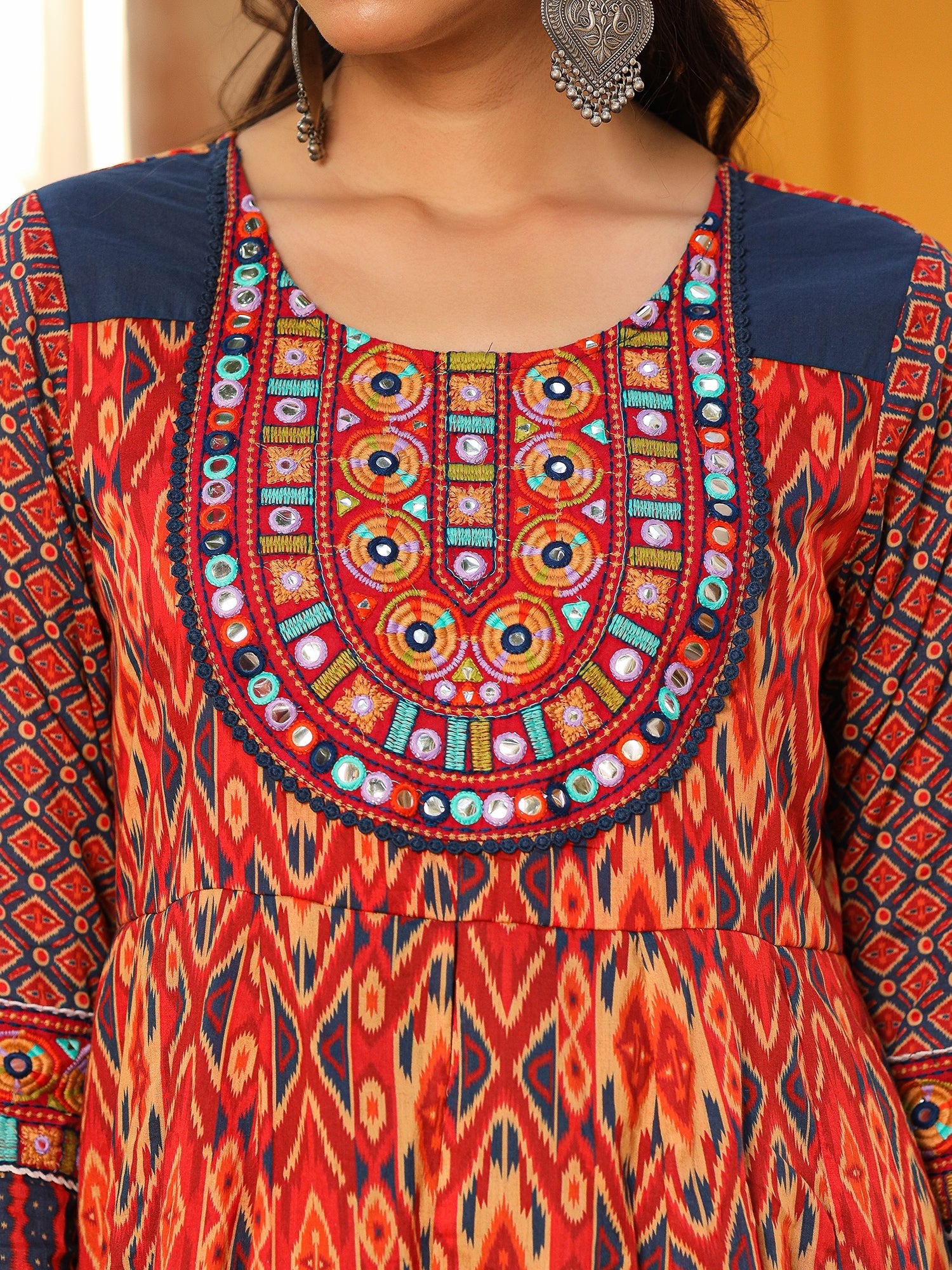 Juniper Rust Cotton Ikat Printed Layered Maxi Dress With Thread Embroidery & Dori Tassel Tie-Up At Waist | Grocsy