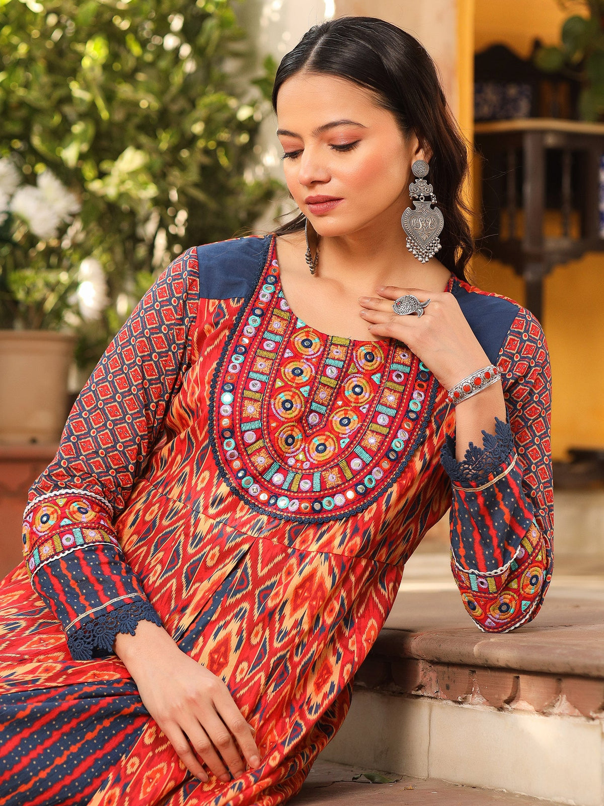 Juniper Rust Cotton Ikat Printed Layered Maxi Dress With Thread Embroidery & Dori Tassel Tie-Up At Waist | Grocsy
