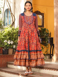 Juniper Rust Cotton Ikat Printed Layered Maxi Dress With Thread Embroidery & Dori Tassel Tie-Up At Waist | Grocsy