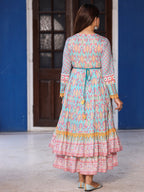 Juniper Women Ikat Printed & Embroidered Sky Blue Cotton Voile Layered Maxi Dress | Grocsy