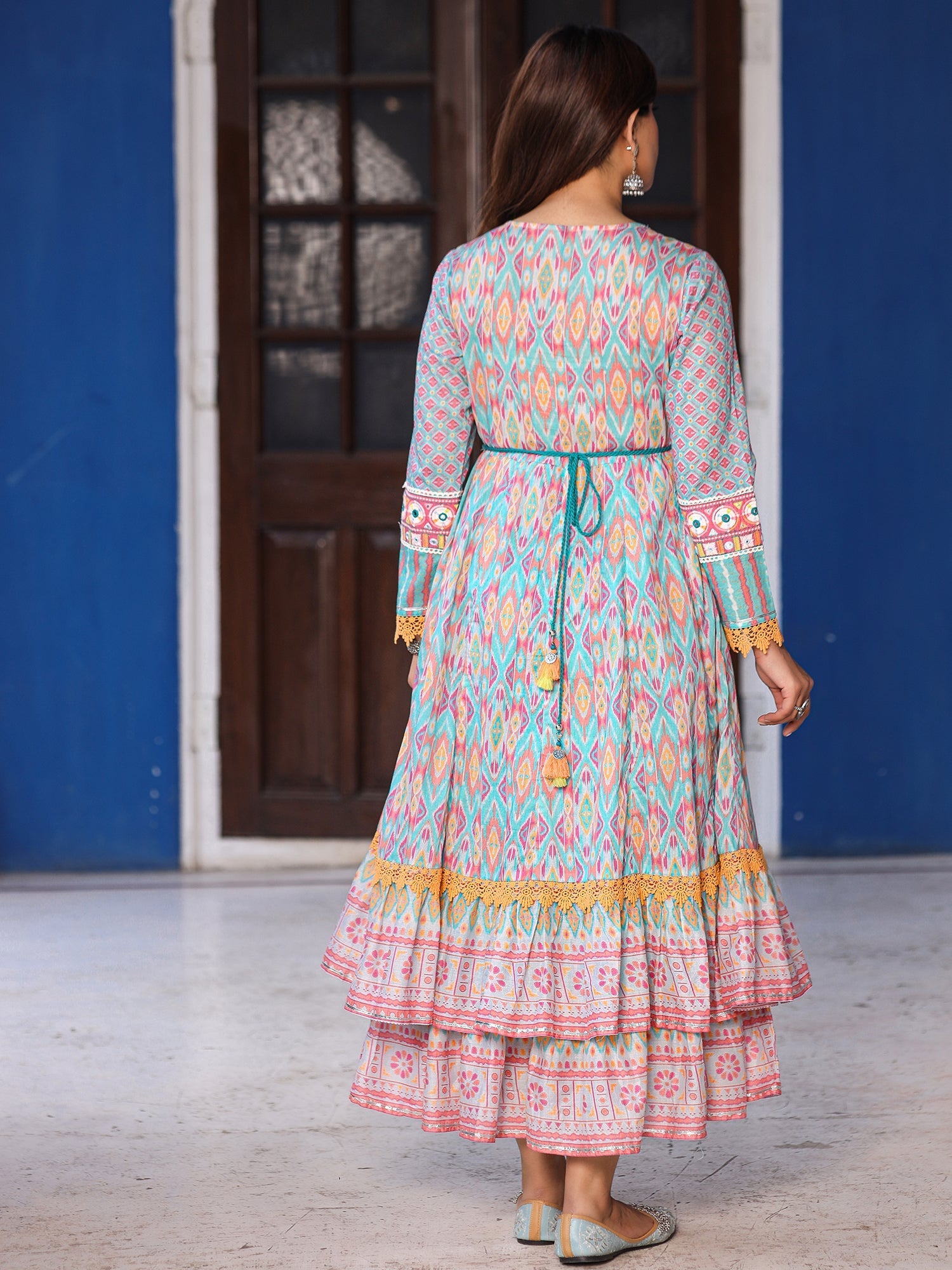 Juniper Women Ikat Printed & Embroidered Sky Blue Cotton Voile Layered Maxi Dress | Grocsy