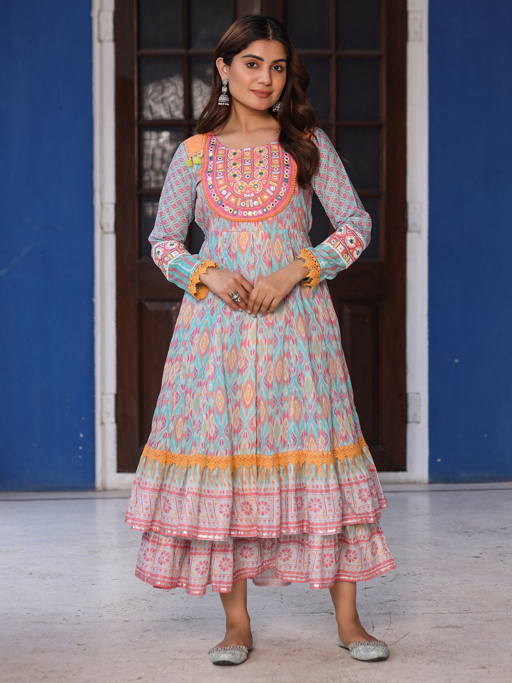 Juniper Women Ikat Printed & Embroidered Sky Blue Cotton Voile Layered Maxi Dress | Grocsy