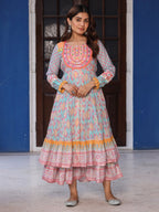 Juniper Women Ikat Printed & Embroidered Sky Blue Cotton Voile Layered Maxi Dress | Grocsy