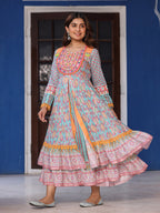 Juniper Women Ikat Printed & Embroidered Sky Blue Cotton Voile Layered Maxi Dress | Grocsy