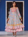 Juniper Women Ikat Printed & Embroidered Sky Blue Cotton Voile Layered Maxi Dress | Grocsy