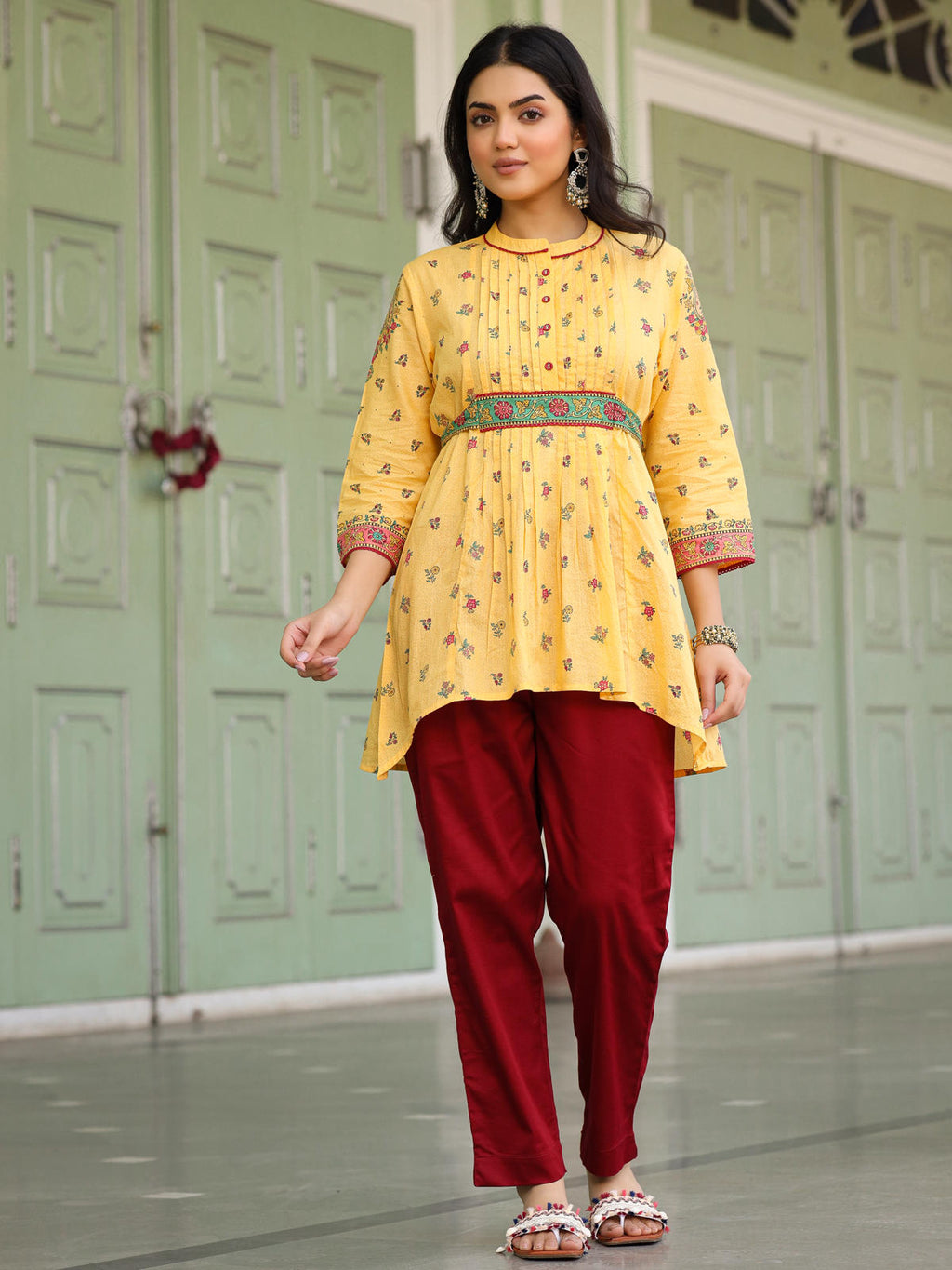 Juniper Women's Mustard Floral Printed Cotton Voile Tunic With Lace Work | Grocsy