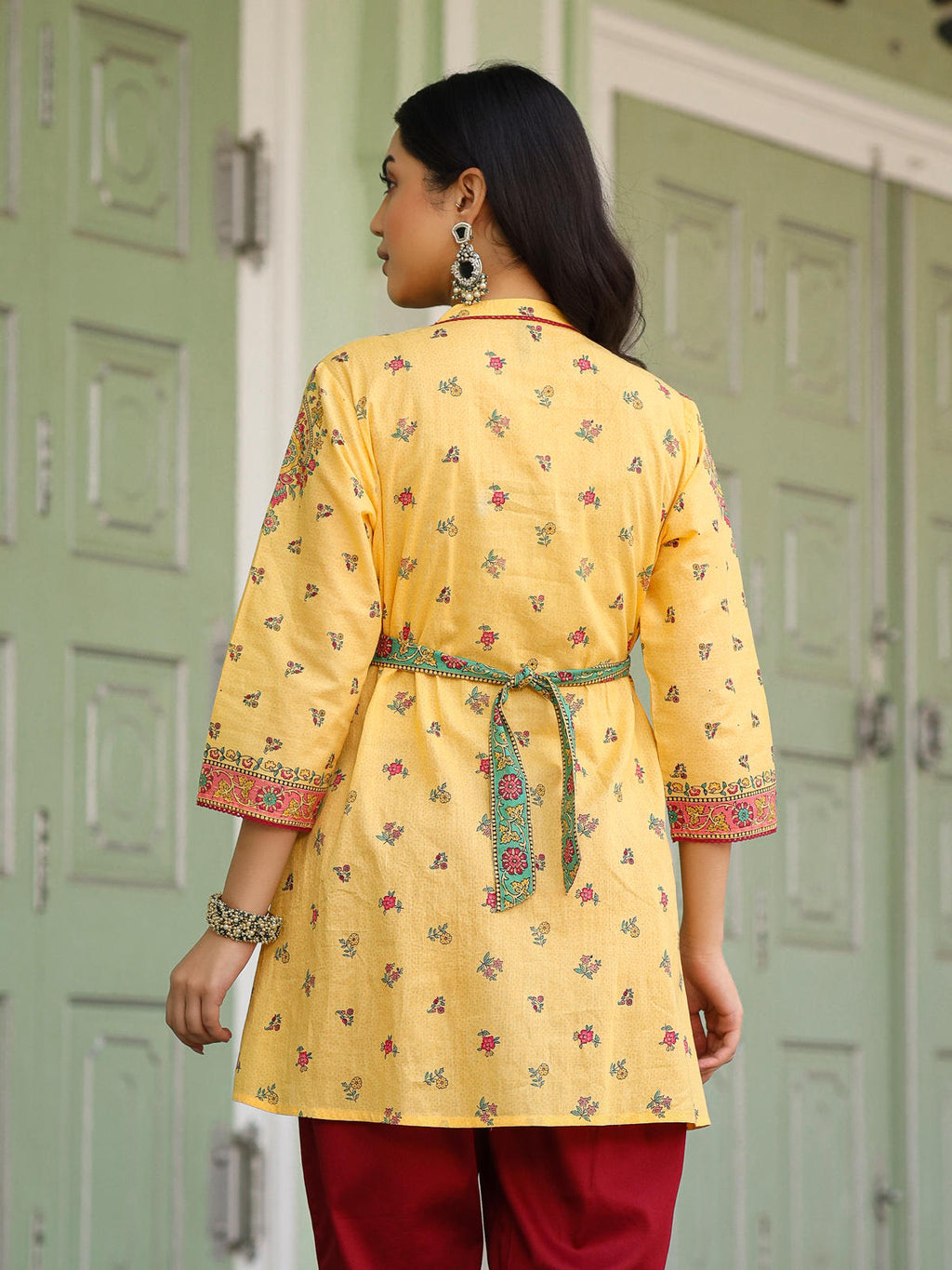 Juniper Women's Mustard Floral Printed Cotton Voile Tunic With Lace Work | Grocsy