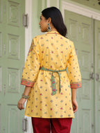 Juniper Women's Mustard Floral Printed Cotton Voile Tunic With Lace Work | Grocsy