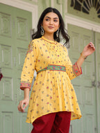 Juniper Women's Mustard Floral Printed Cotton Voile Tunic With Lace Work | Grocsy