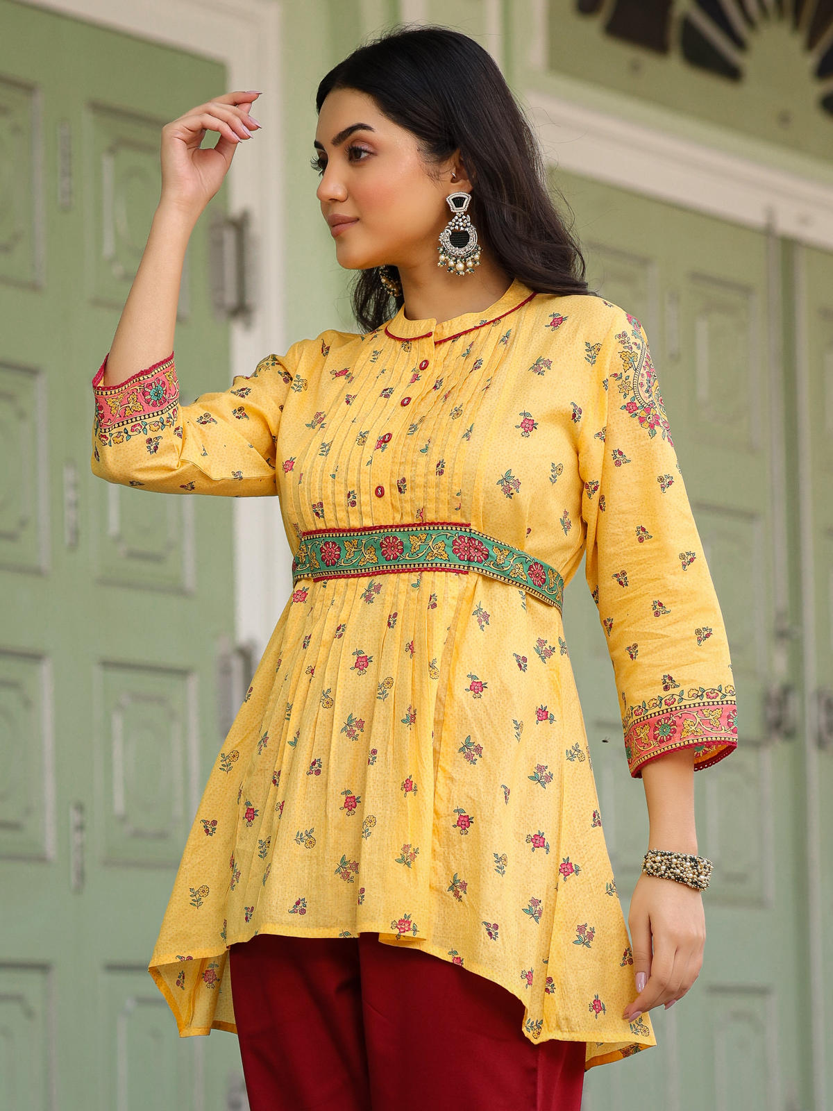 Juniper Women's Mustard Floral Printed Cotton Voile Tunic With Lace Work | Grocsy