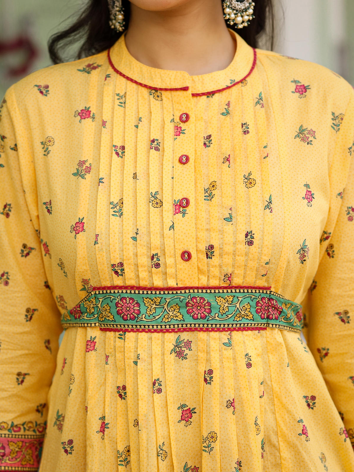 Juniper Women's Mustard Floral Printed Cotton Voile Tunic With Lace Work | Grocsy