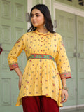 Juniper Women's Mustard Floral Printed Cotton Voile Tunic With Lace Work | Grocsy