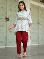 Juniper Women's Women Sky Blue Cotton Floral Printed Lacy Peplum Tunic With Tie-Up At Back | Grocsy