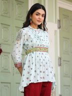 Juniper Women's Women Sky Blue Cotton Floral Printed Lacy Peplum Tunic With Tie-Up At Back | Grocsy