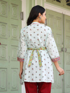 Juniper Women's Women Sky Blue Cotton Floral Printed Lacy Peplum Tunic With Tie-Up At Back | Grocsy