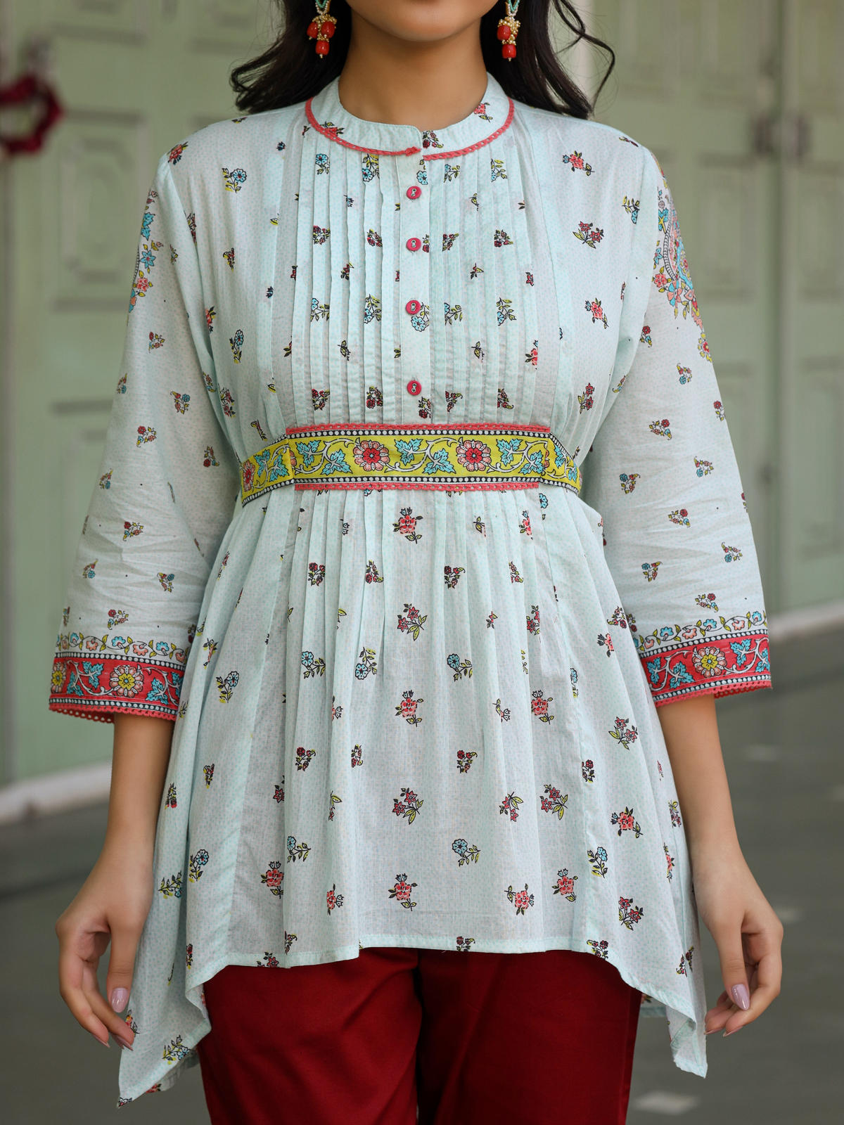 Juniper Women's Women Sky Blue Cotton Floral Printed Lacy Peplum Tunic With Tie-Up At Back | Grocsy