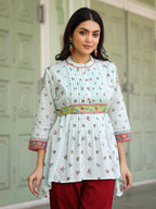 Juniper Women's Women Sky Blue Cotton Floral Printed Lacy Peplum Tunic With Tie-Up At Back | Grocsy