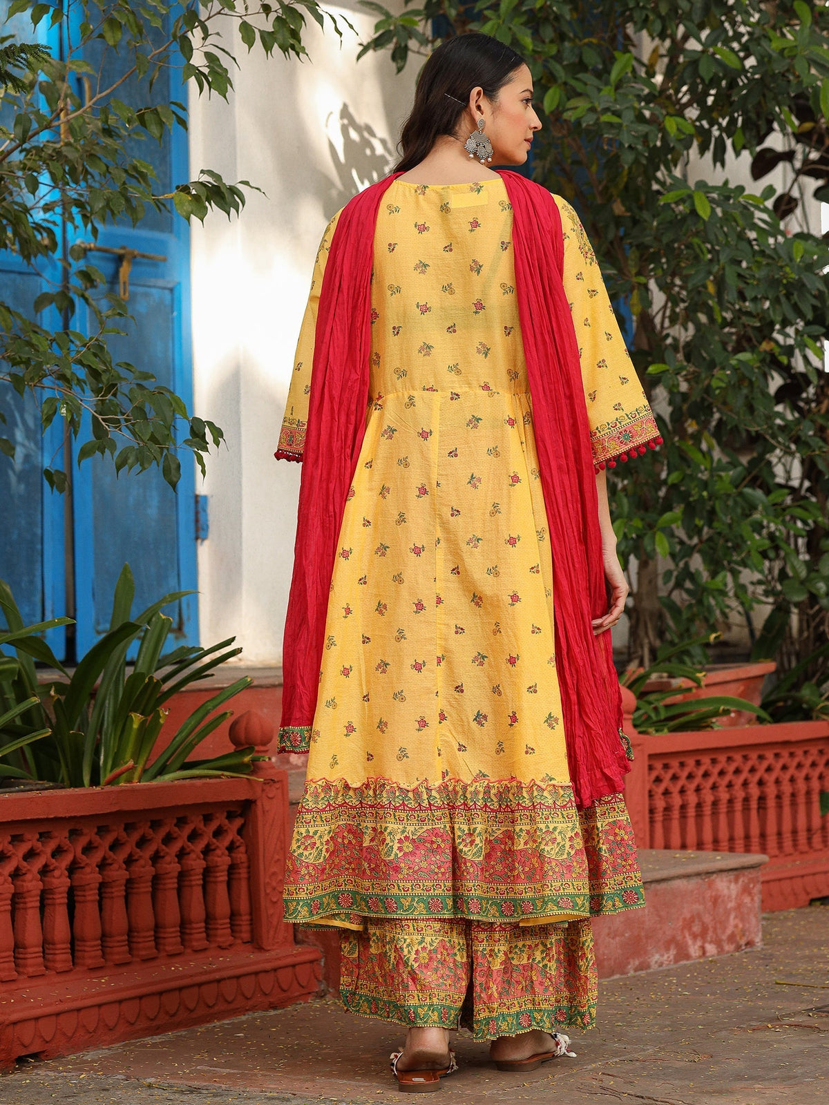 Juniper Mustard Cotton Floral Printed Anarkali Kurta With Pants And Dupatta Set With Sequins & Beadwork | Grocsy