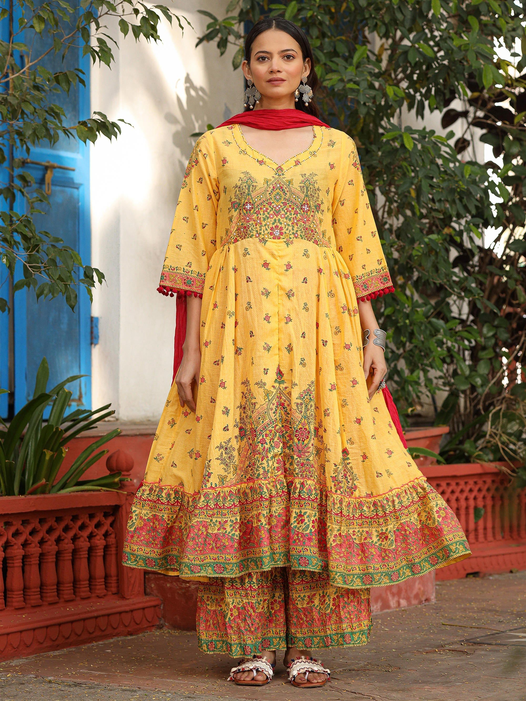 Juniper Mustard Cotton Floral Printed Anarkali Kurta With Pants And Dupatta Set With Sequins & Beadwork | Grocsy