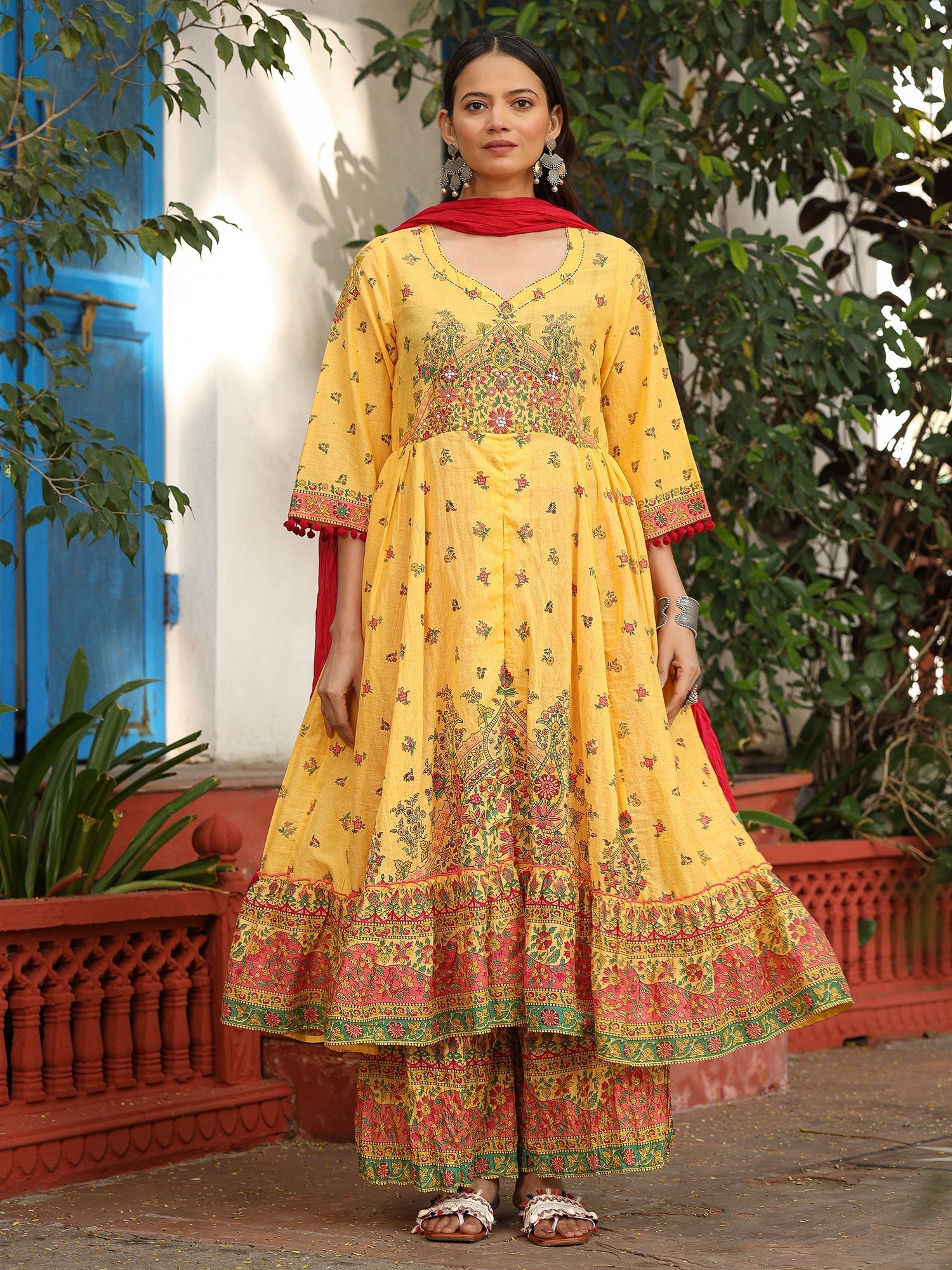 Juniper Mustard Cotton Floral Printed Anarkali Kurta With Pants And Dupatta Set With Sequins & Beadwork | Grocsy