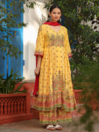 Juniper Women's Mustard Cotton Floral Printed Anarkali Kurta With Pants And Dupatta Set With Sequins & Beadwork | Grocsy