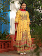 Juniper Mustard Cotton Floral Printed Anarkali Kurta With Pants And Dupatta Set With Sequins & Beadwork | Grocsy