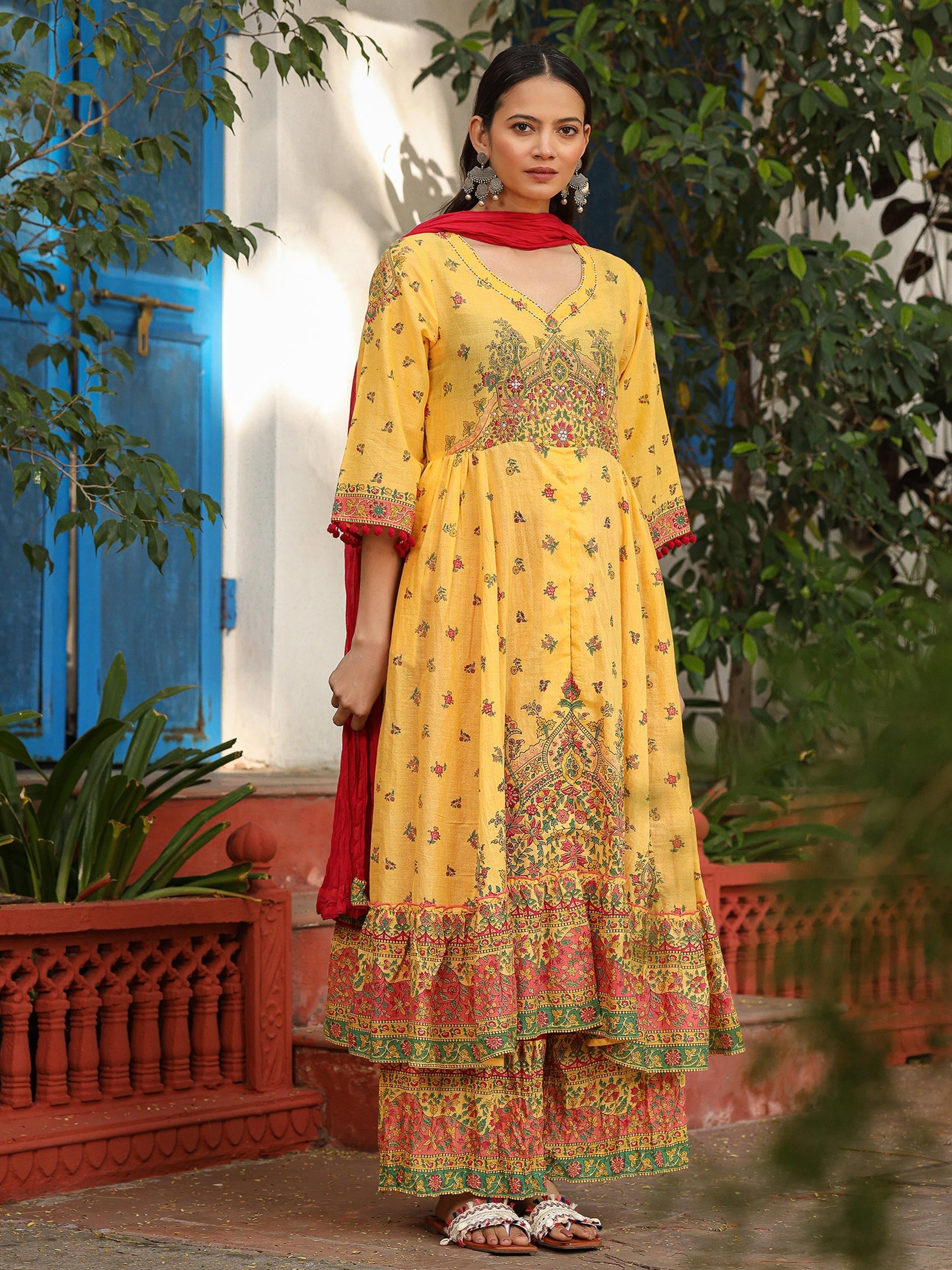 Juniper Mustard Cotton Floral Printed Anarkali Kurta With Pants And Dupatta Set With Sequins & Beadwork | Grocsy