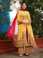 Juniper Women's Mustard Cotton Floral Printed Anarkali Kurta With Pants And Dupatta Set With Sequins & Beadwork | Grocsy