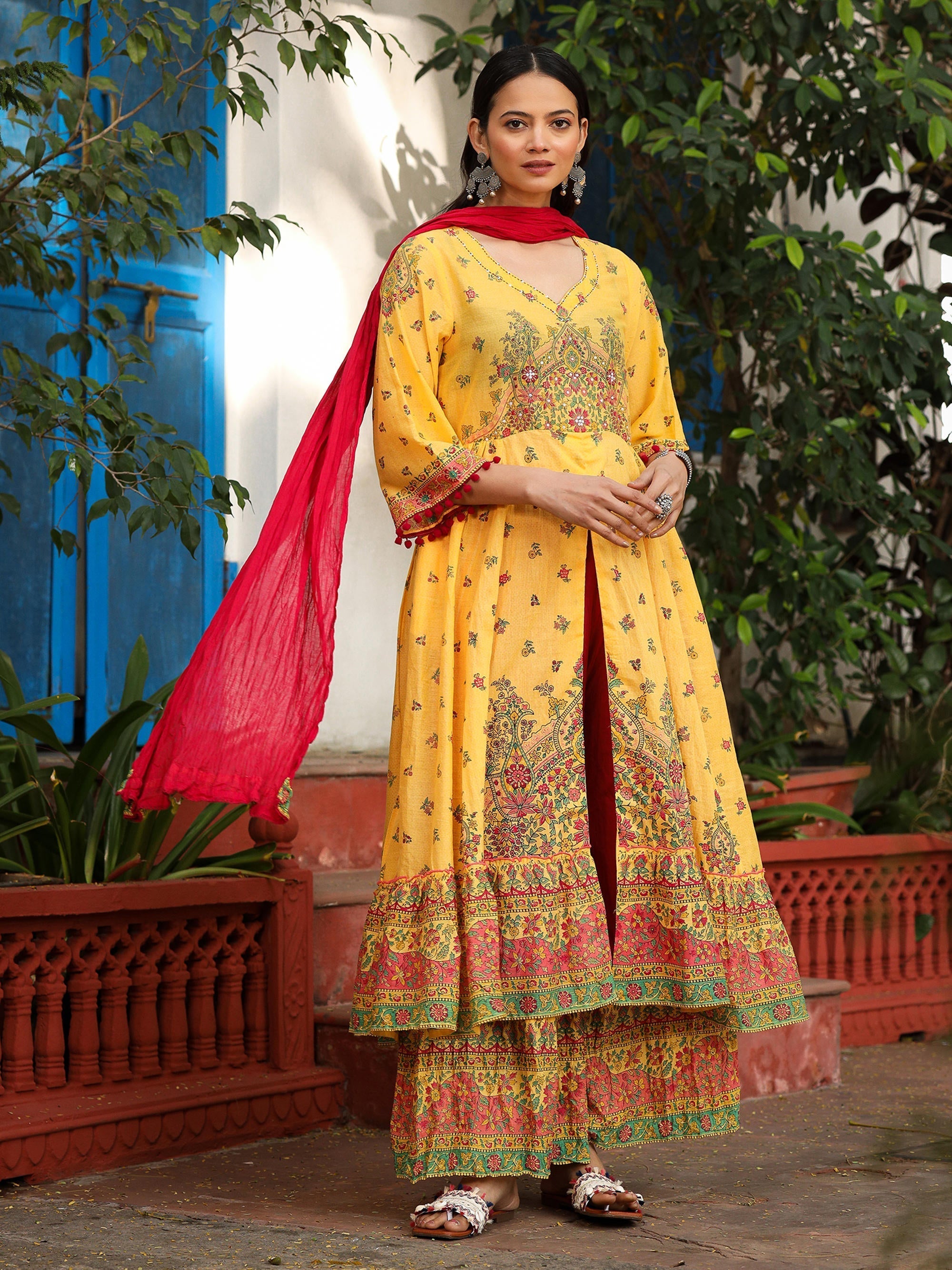 Juniper Mustard Cotton Floral Printed Anarkali Kurta With Pants And Dupatta Set With Sequins & Beadwork | Grocsy
