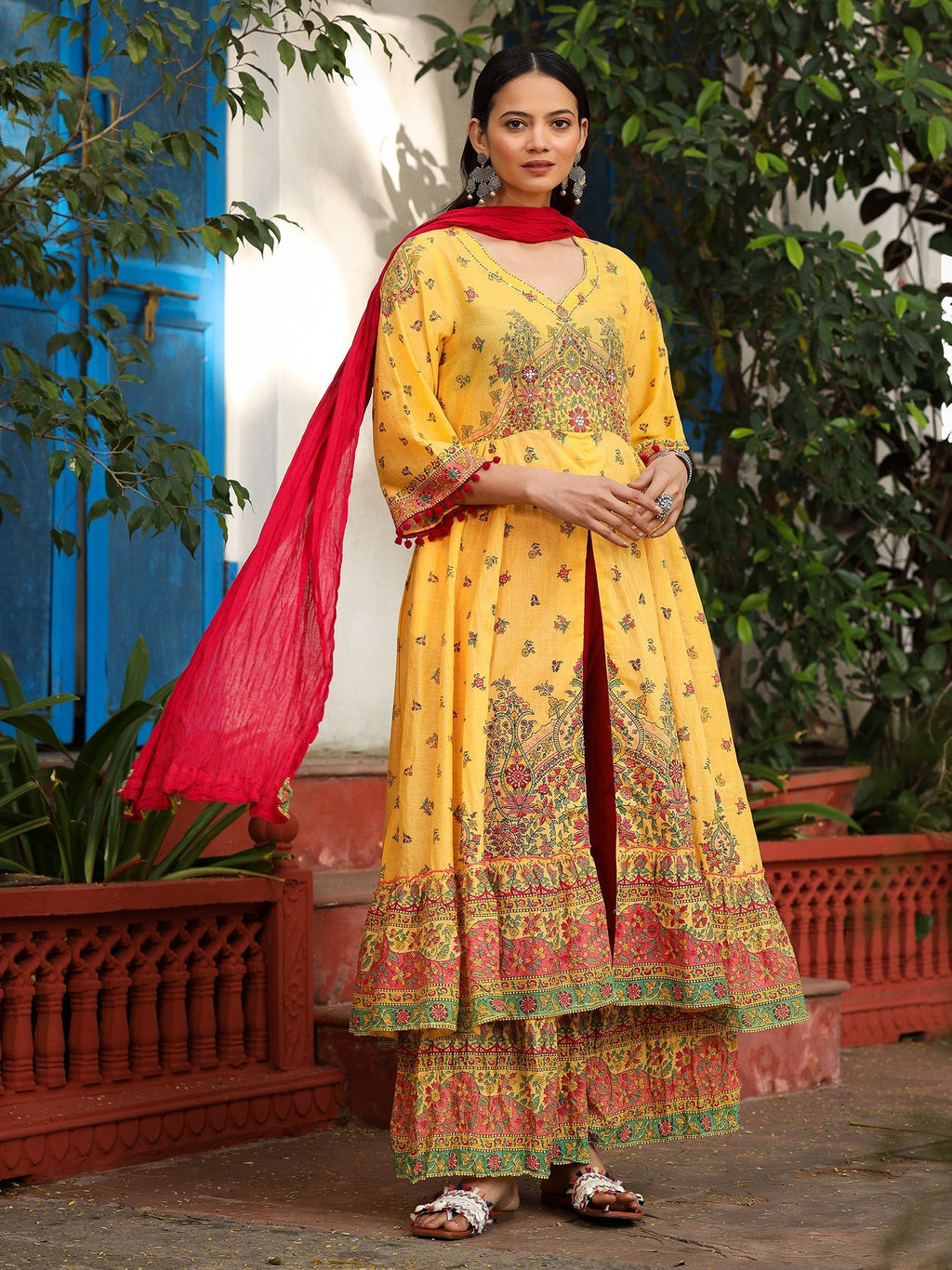 Juniper Mustard Cotton Floral Printed Anarkali Kurta With Pants And Dupatta Set With Sequins & Beadwork | Grocsy