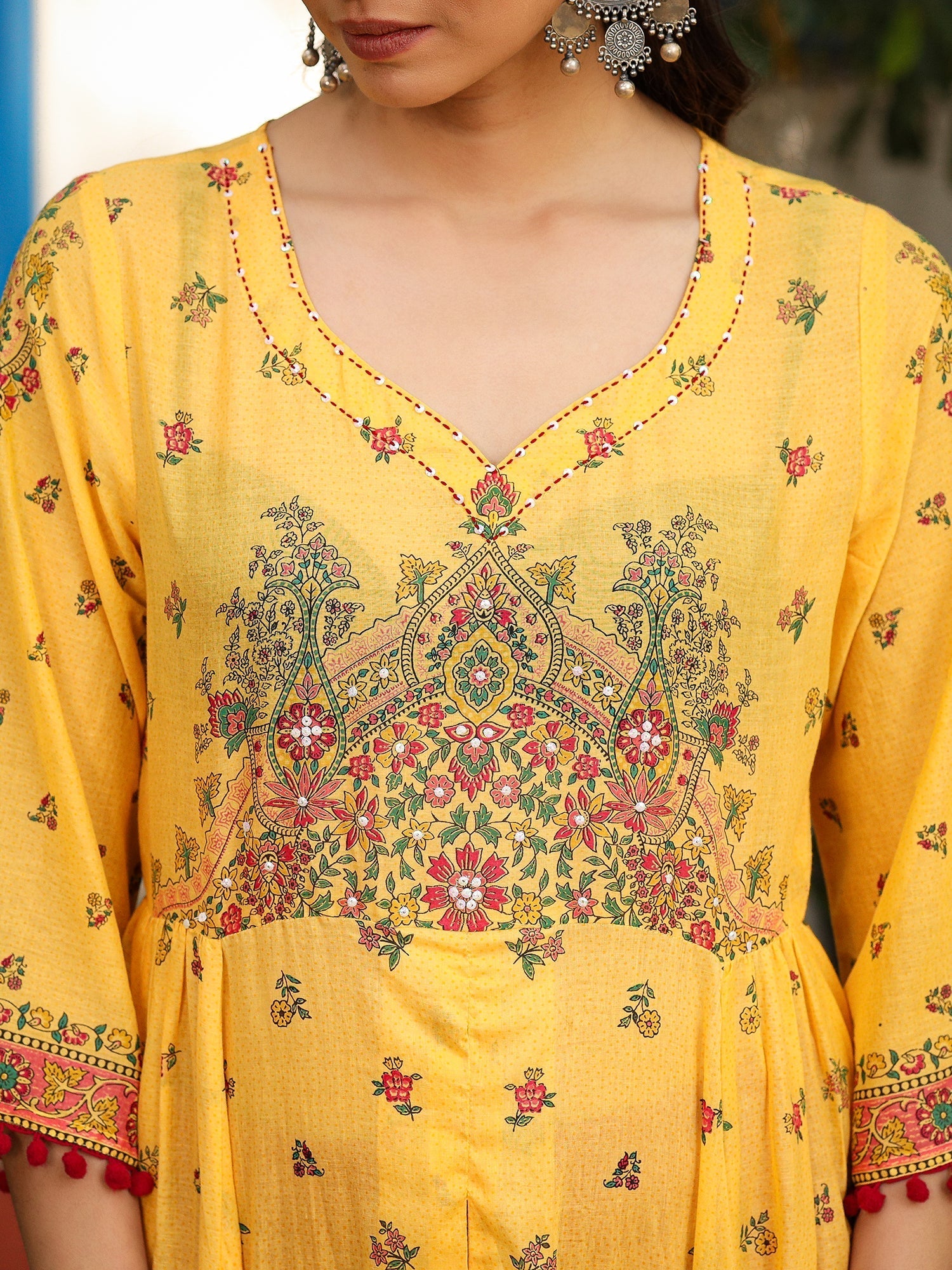 Juniper Mustard Cotton Floral Printed Anarkali Kurta With Pants And Dupatta Set With Sequins & Beadwork | Grocsy