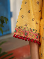 Juniper Mustard Cotton Floral Printed Anarkali Kurta With Pants And Dupatta Set With Sequins & Beadwork | Grocsy