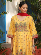 Juniper Mustard Cotton Floral Printed Anarkali Kurta With Pants And Dupatta Set With Sequins & Beadwork | Grocsy