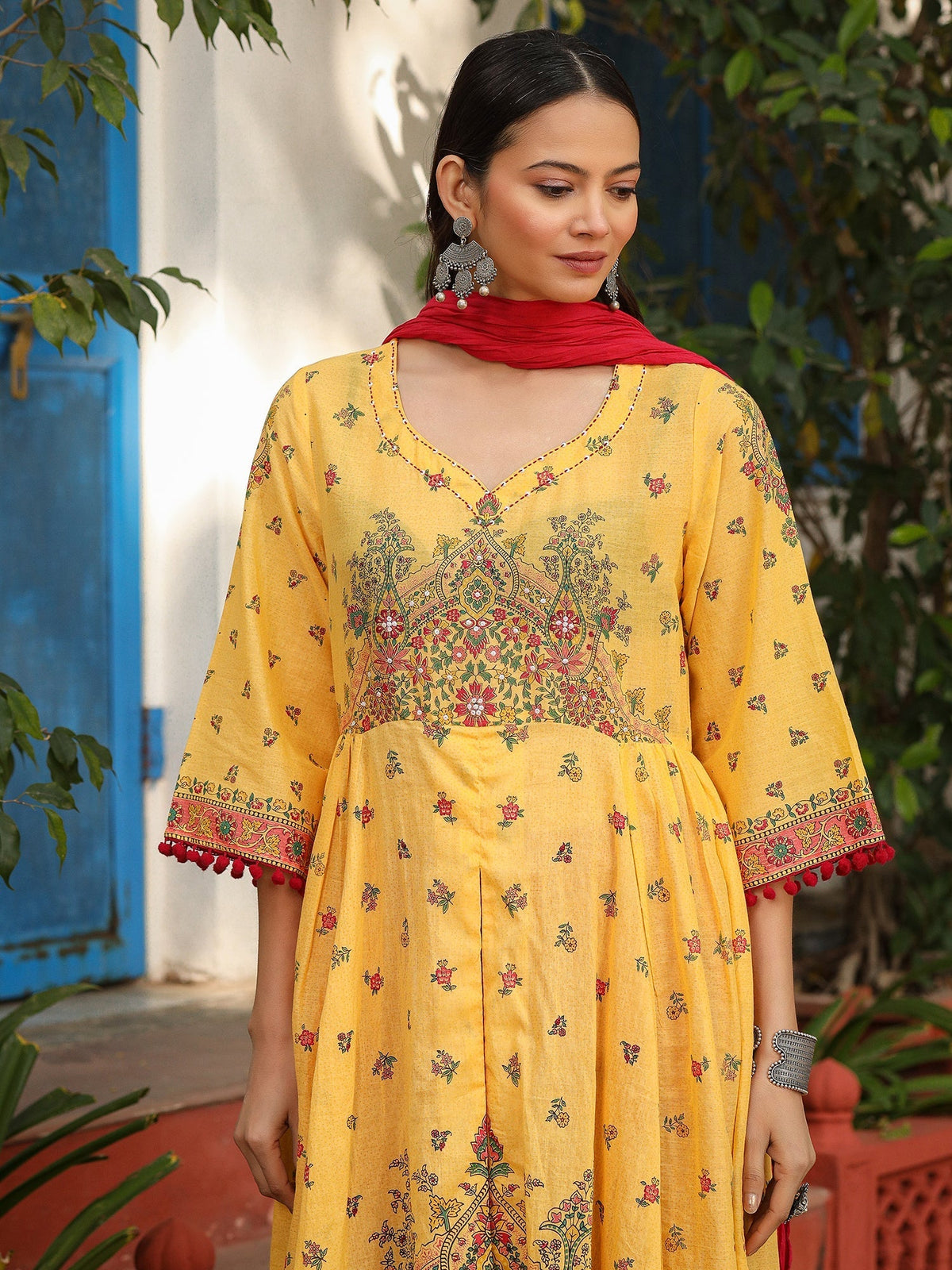 Juniper Mustard Cotton Floral Printed Anarkali Kurta With Pants And Dupatta Set With Sequins & Beadwork | Grocsy