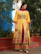 Juniper Mustard Cotton Floral Printed Anarkali Kurta With Pants And Dupatta Set With Sequins & Beadwork | Grocsy