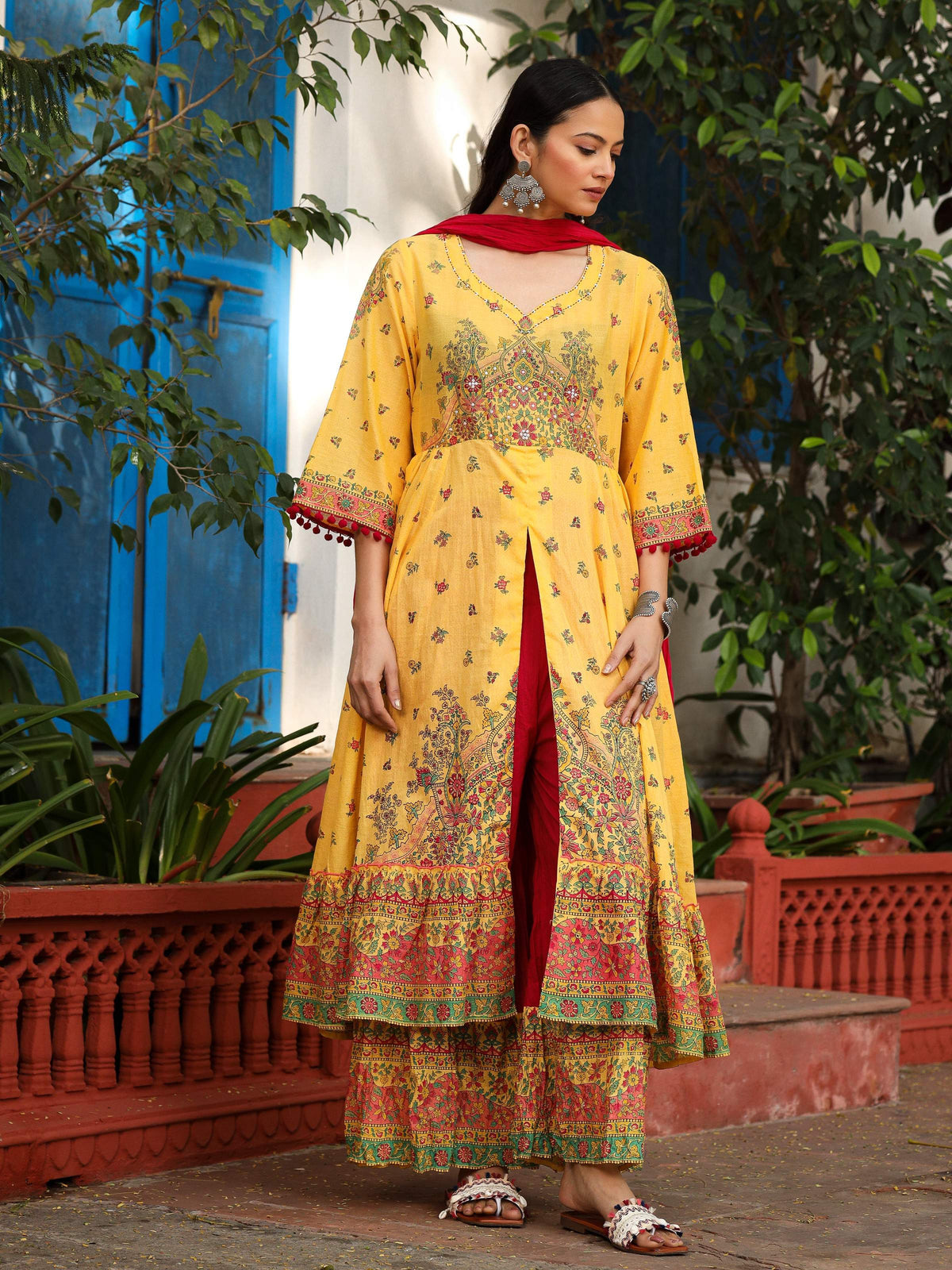 Juniper Mustard Cotton Floral Printed Anarkali Kurta With Pants And Dupatta Set With Sequins & Beadwork | Grocsy