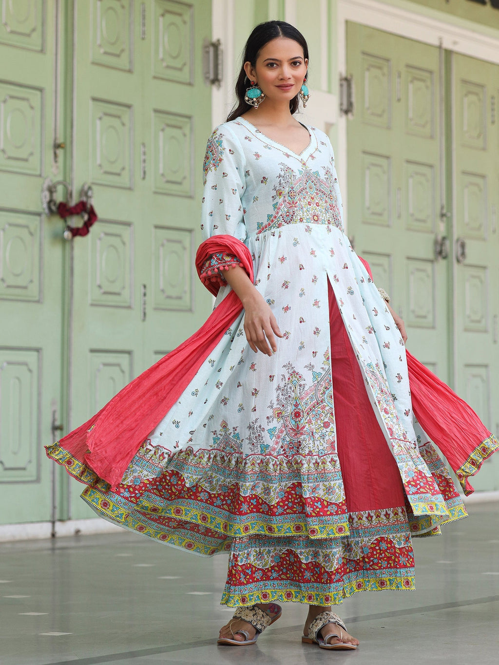 Juniper Sky Blue Cotton Floral Printed Anarkali Kurta With Pants And Dupatta Set With Sequins & Beadwork | Grocsy