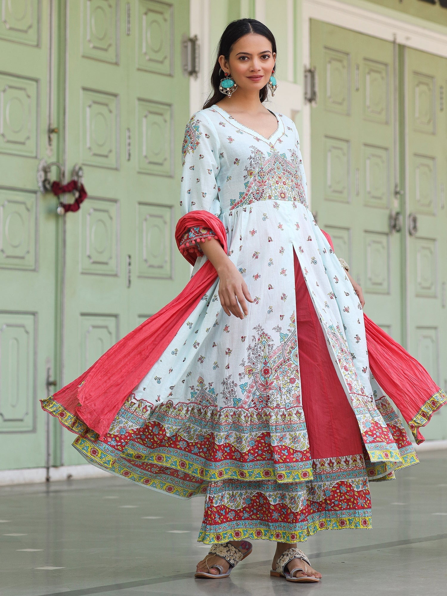 Juniper Sky Blue Cotton Floral Printed Anarkali Kurta With Pants And Dupatta Set With Sequins & Beadwork | Grocsy
