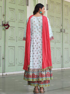 Juniper Sky Blue Cotton Floral Printed Anarkali Kurta With Pants And Dupatta Set With Sequins & Beadwork | Grocsy