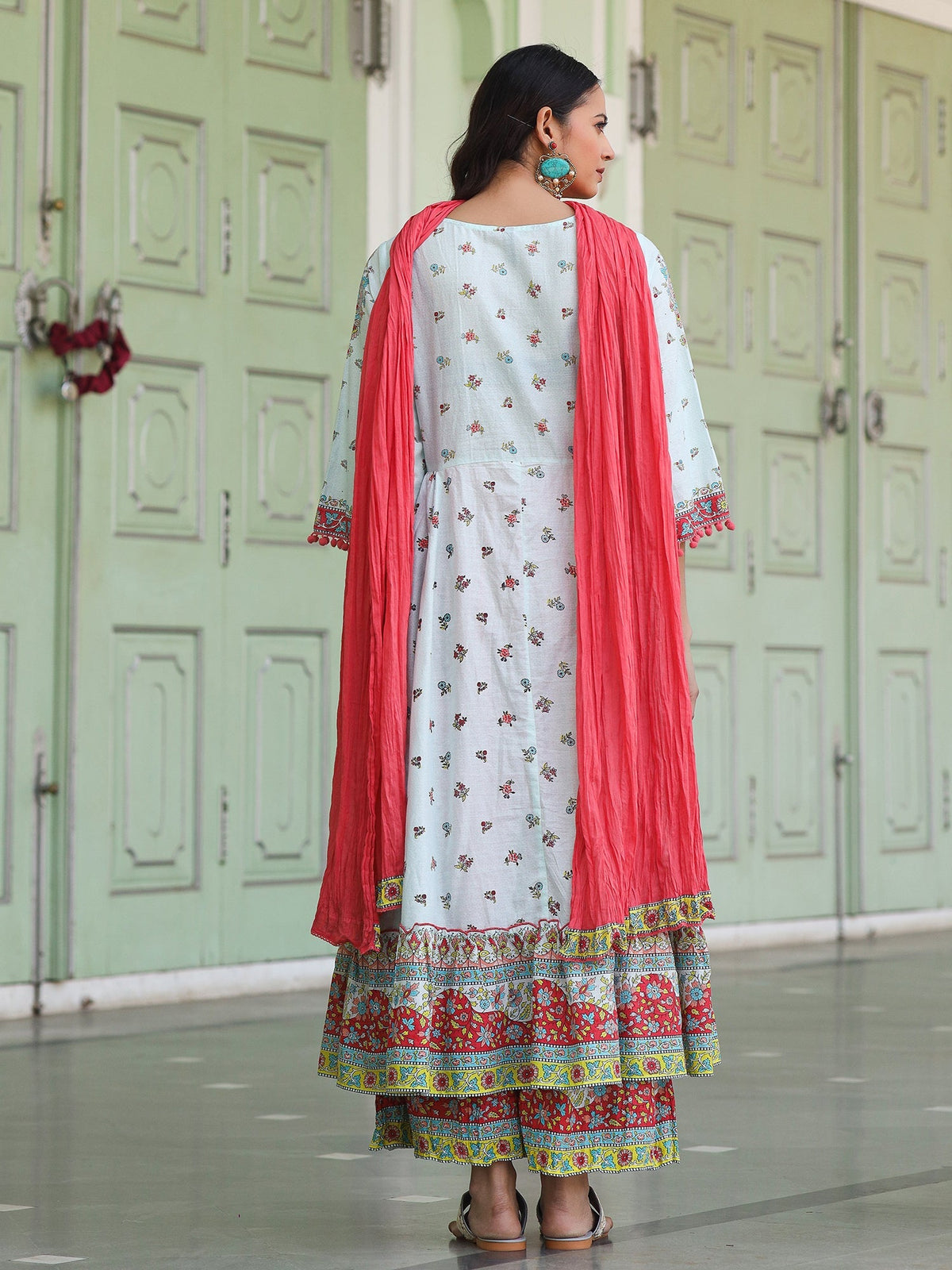 Juniper Sky Blue Cotton Floral Printed Anarkali Kurta With Pants And Dupatta Set With Sequins & Beadwork | Grocsy