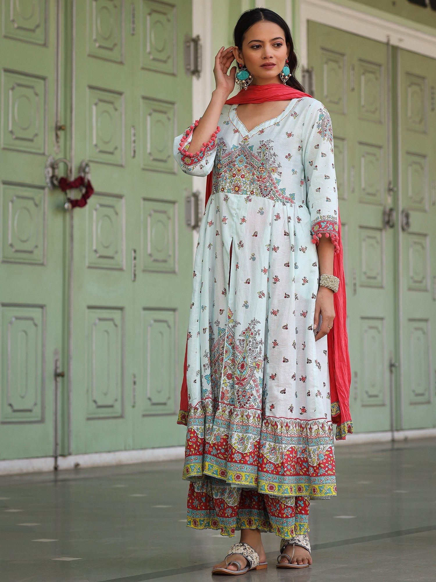 Juniper Sky Blue Cotton Floral Printed Anarkali Kurta With Pants And Dupatta Set With Sequins & Beadwork | Grocsy