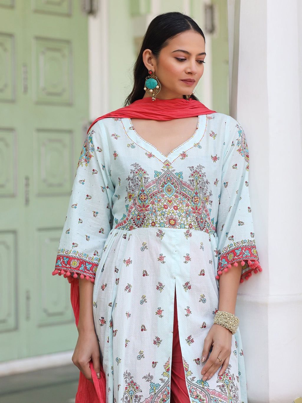 Juniper Sky Blue Cotton Floral Printed Anarkali Kurta With Pants And Dupatta Set With Sequins & Beadwork | Grocsy