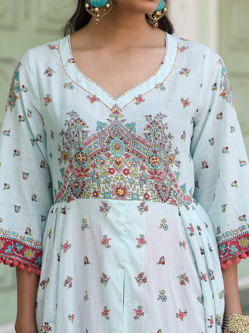 Juniper Sky Blue Cotton Floral Printed Anarkali Kurta With Pants And Dupatta Set With Sequins & Beadwork | Grocsy