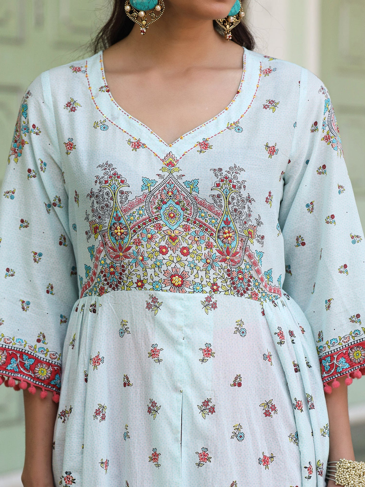 Juniper Sky Blue Cotton Floral Printed Anarkali Kurta With Pants And Dupatta Set With Sequins & Beadwork | Grocsy