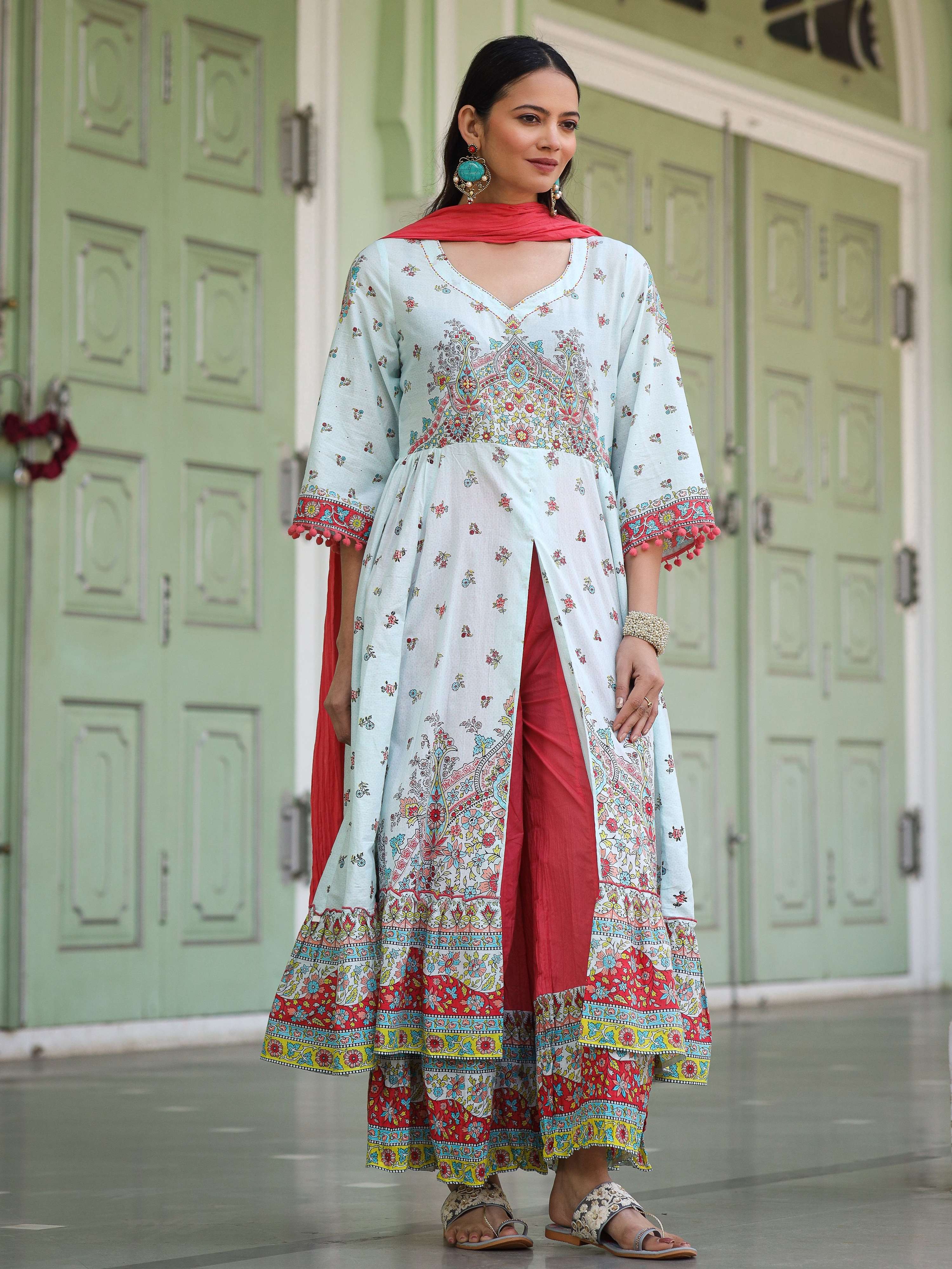 Juniper Sky Blue Cotton Floral Printed Anarkali Kurta With Pants And Dupatta Set With Sequins & Beadwork | Grocsy