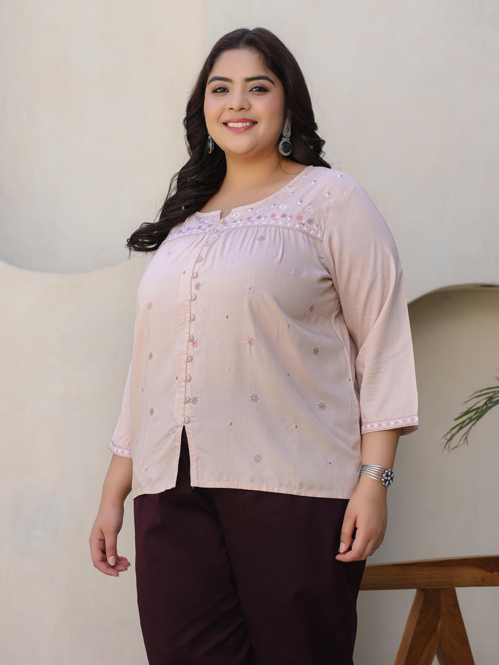 Juniper Women's The Mishri Nude Floral Printed & Gathered Rayon Plus Size Tunic | Grocsy