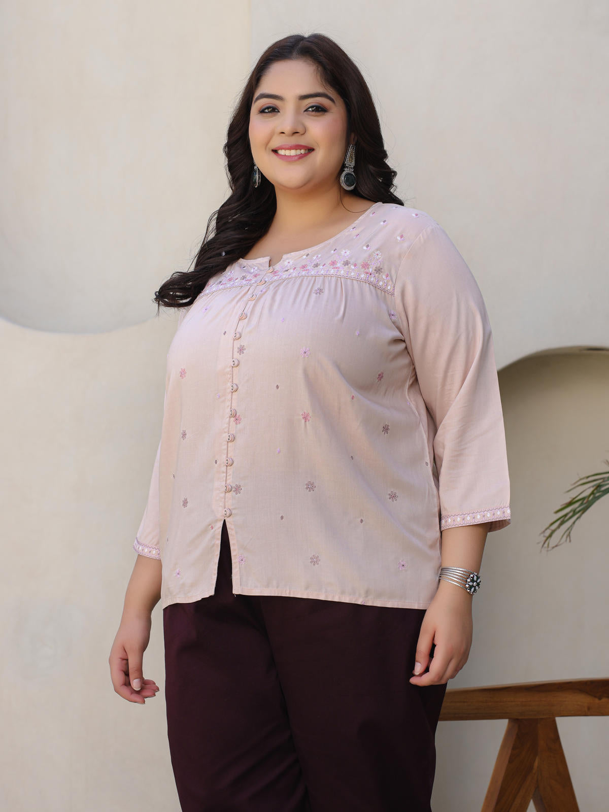Juniper Women's The Mishri Nude Floral Printed & Gathered Rayon Plus Size Tunic | Grocsy